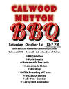 May be an image of text that says 'CAL CALWOOD MUTTON BBQ Saturday October 1st 12-7 PM 1st *While Supply Lasts Edith Benskin Memorial Community Center Calwood, MO Route z 6.5 miles East of Fulton BBQ Mutton Pork Steaks Homemade Desserts Homemade Sides HotDogs Raffle Drawing at 7 p.m. 50/50 Drawing All-You- Eat Carry-Out Available'