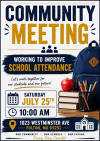 May be an image of text that says 'COMMUNITY MEETING WORKING TO IMPROVE SCHOOL ATTENDANCE Let's work together for our students and our future! 曲 JULY 25대 SATURDAY 10:00 AM 1023 WESTMINSTER AVE FULTON, MO 65252 OUR COMMUNITY OUR SCHOOLS OUR FUTURE Every Day Counts! 的田'